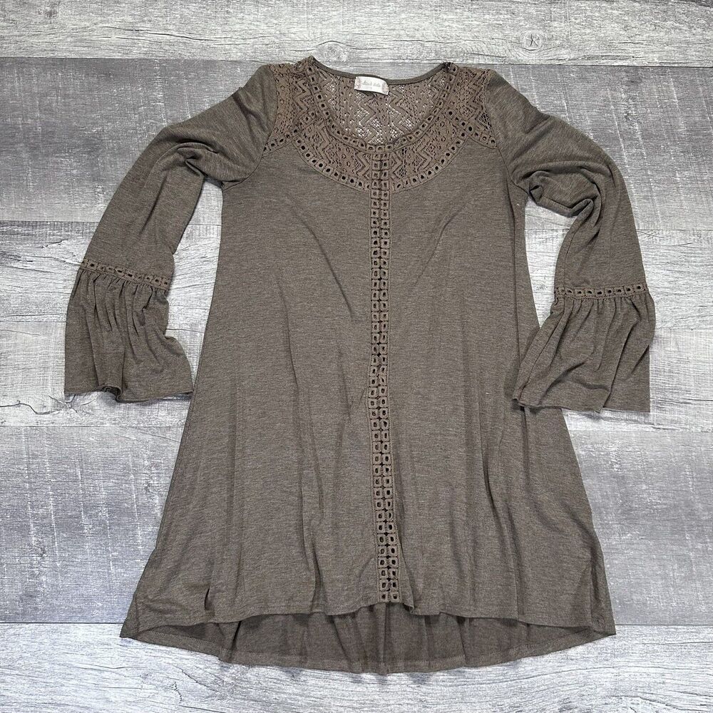 Altar'd State Boho Mini Swing Dress Womens S Brown Bell Sleeve Lace Crochet